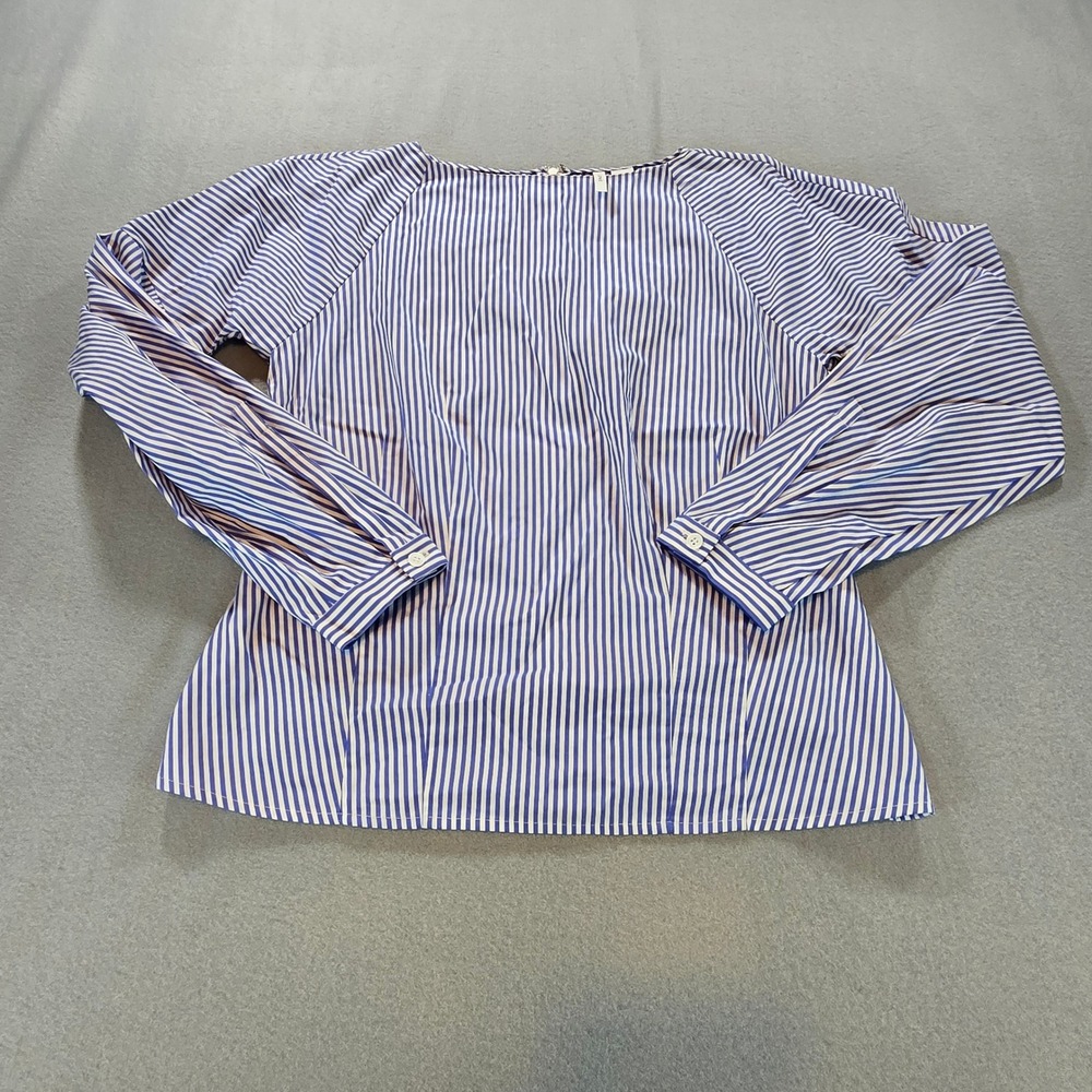 Lewit Striped Blouse Womens S Blue White Boat Neck Back Zip Long Sleeve Tailored